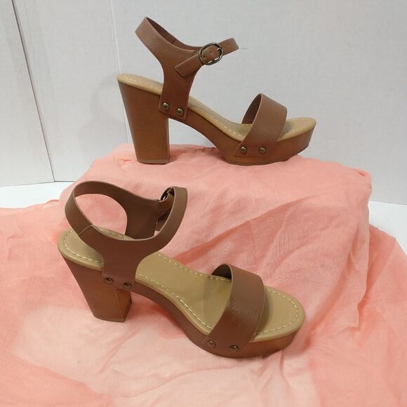 New Soda Womens 7.5 Open Toe  Block Heel Platform Sandal Ankle Strap Brown - Picture 2 of 12